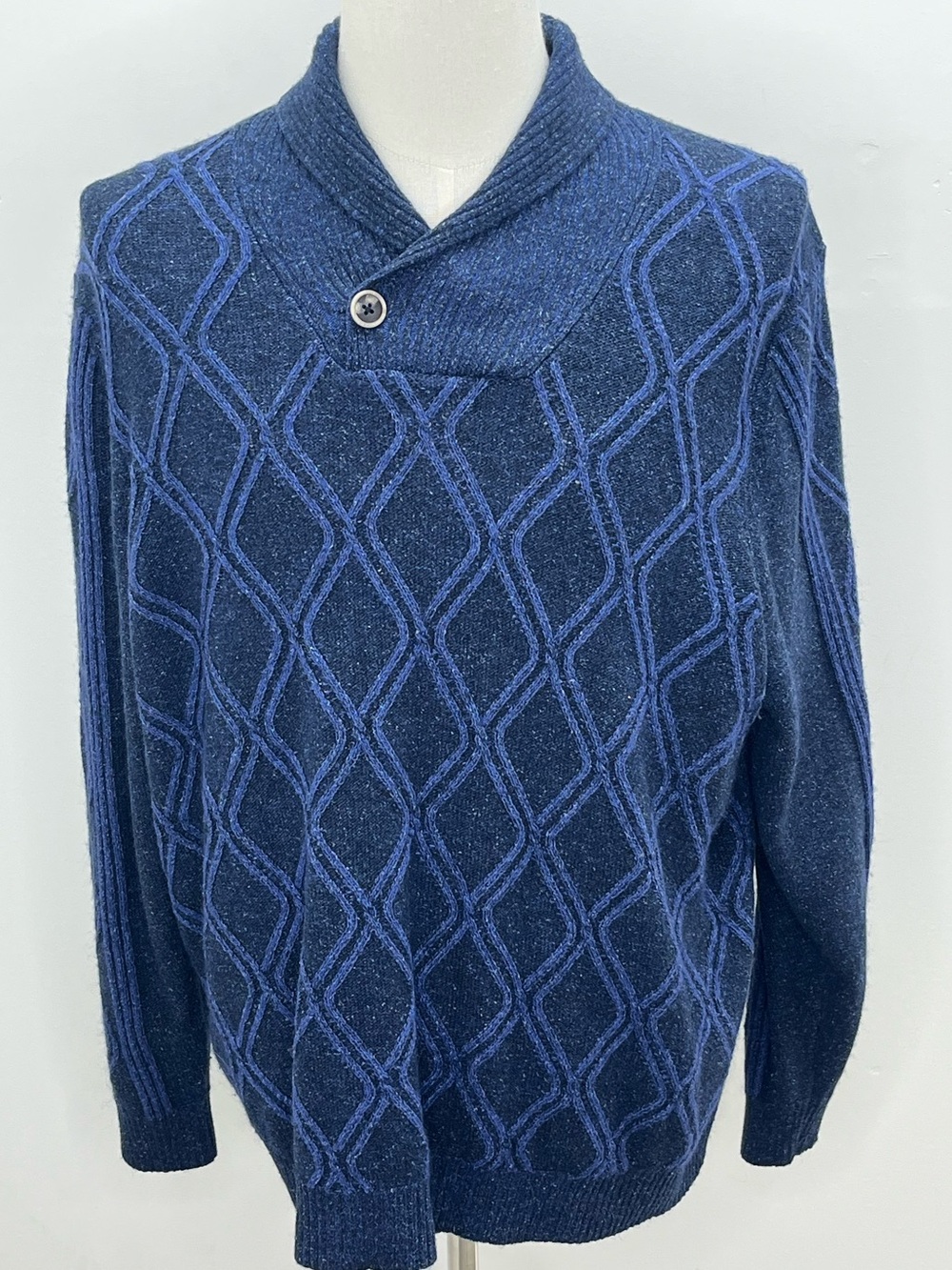 Tommy Bahama Mens Blue Wool Silk Diamond Cable Knit Shawl Collar Sweater XL